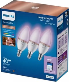 Set de 3 becuri LED RGB dimabile Philips SMART C37, soclu E14/4,9W/230V, 2200-6500K