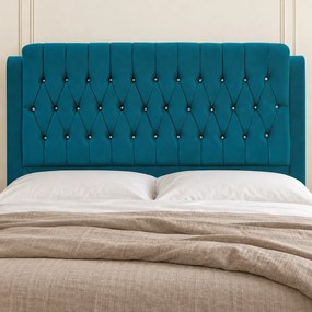 Pat tapițat Chesterfield din catifea Aveline Deluxe 160×200 cm, turcoaz, cu ladă de depozitare