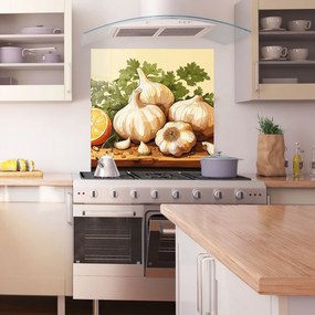 Panou Sticla Bucatarie, 100x100cm, Protectie aragaz, Antistropi, Termorezistent, Alimente, Condimente, Garlic Lemon