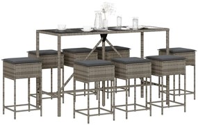 3261475 vidaXL Set mobilier bar de grădină, cu perne, 9 piese, gri, poliratan