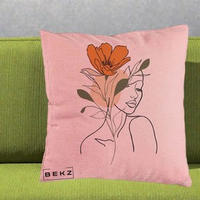 Perna Decorativa Portret Feminin Floare Portocalie, 40x40 cm, Roz, Husa Detasabila, Perna Inclusa, BEKZ®