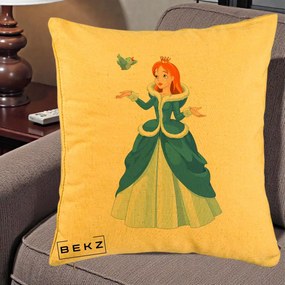 Perna Personalizata Printesa Albastra cu Pasare, 40x40 cm, Galben, Husa Detasabila, Perna Inclusa, BEKZ®