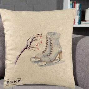Perna Decorativa Patine cu Ramuri Inzapezite, 40x40 cm, Bej, Husa Detasabila, Perna Inclusa, BEKZ®