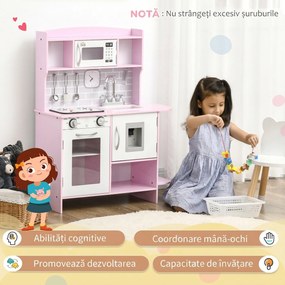 HOMCOM Bucătărie de Jucărie pentru Copii, cu Lumini și Sunete, Dozator Apă, Chiuvetă și Accesorii, MDF, PP, Roz | Aosom Romania