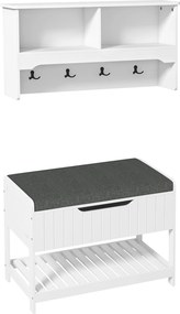 Cuier de Perete cu Banca Suport pentru Pantofi Dotata cu Cuburi de Perete, 4 Carlige si Raft Retractabil, 80x20x40 cm, Alb HOMCOM | Aosom RO