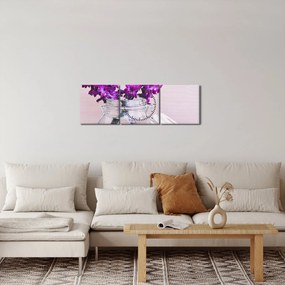 Tablou cu flori violete (cu ceas) (90x30 cm)