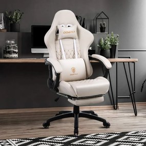 RESIGILAT- DOWINX Scaun gaming, ergonomic, suport lombar cu masaj, spătar înalt, reglabil, tetieră, suport picioare, rezistent 150 kg, piele PU, Ivory