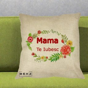 Cadou pentru Mama - Perna Personalizata Mama Te Iubesc Flori Rosii, 40x40 cm, Crem, Husa Detasabila, Perna Inclusa, BEKZ®