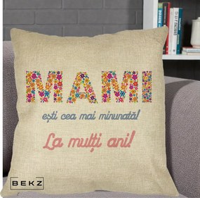 Cadou pentru Mama - Perna Personalizata Mami Esti Cea mai Minunata La Multi Ani cu Litere Florale, 40x40 cm, Crem, Husa Detasabila, Perna Inclusa, BEKZ®
