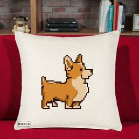 Perna Personalizata Corgi Pixel Art, 40x40 cm, Crem Reliefat, Husa Detasabila, Perna Inclusa, BEKZ®