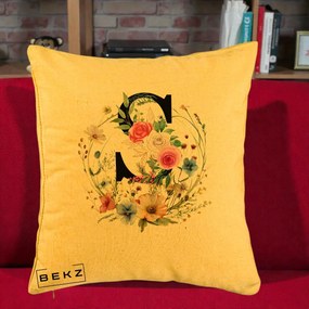 Cadou Personalizat - Perna Personalizata Monogram Litera S cu Flori Acuarela, 40x40 cm, Galben, Husa Detasabila, Perna Inclusa, BEKZ®