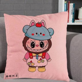 Perna Personalizata Labubu x Urs Albastru Colorat, 40x40 cm, Roz, Husa Detasabila, Perna Inclusa, BEKZ®