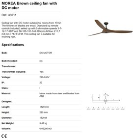 Ventilator de tavan cu telecomanda design modern MOREA maro/ lemn nuc