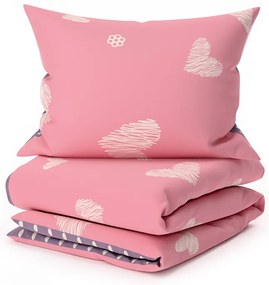 Lenjerie de pat din bumbac, reversibila, INIMI SI BULINE roz
