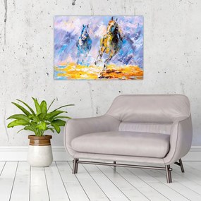 Tablou pe sticlă - Caii alergând, pictură în ulei (70x50 cm)