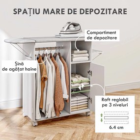 HOMCOM Dulap Multifuncțional cu Masă de Călcat | Blat din Tesatura Efect In | 3 Rafturi | Ghidaj pentru Agățat | 127x42.5x99 cm | Alb | Aosom Romania