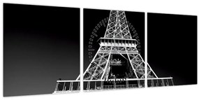 Tablou - Turnul Eiffel, alb-negru (cu ceas) (90x30 cm)
