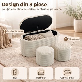 HOMCOM Set 3 piese cu spațiu de depozitare din catifea raiată, pentru living și dormitor, crem | Aosom Romania