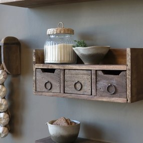 Etajeră de perete din lemn reciclat, natur, cu 1 raft, 3 sertare și mânere în formă de inel, aspect rustic, 15 x 36 x 12 cm, „Grimaud”