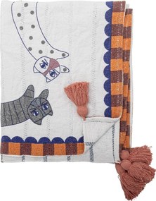 Pătură din bumbac reciclat, multicolor, cu motiv de pisică imprimat și dungi pe verso, cu ciucuri în colțuri, 160x130 cm, „Missy"