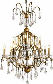 Candelabru din metal, auriu, cu 12 brațe tip lumânare și cristale din sticlă transparentă, 135 x 95 cm, „Cambridge”