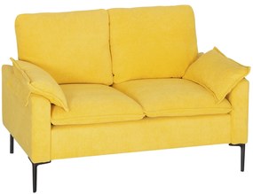 HOMCOM Divan cu Două Locuri Îmbunătățit în Material Textil de Tip Spugna cu Perne Detașabile, Divan Compact Modern cu Brațe și Picioare Metalice pentru Sufragerie, Dormitor, 130x77x84 cm, Galben | Aosom Romania