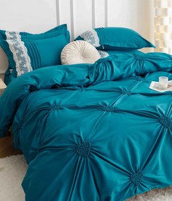 Lenjerie pat dublu, Inimi Brodate, 6 Piese, Finet Premium - Turcoaz