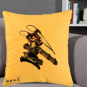 Perna Personalizata Attack on Titan Eren Yeager Lupta, 40x40 cm, Galben, Husa Detasabila, Perna Inclusa, BEKZ®