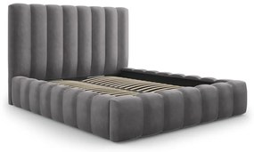 Pat dublu 200x200 cm gri tapițat cu spațiu de depozitare și somieră Kelp – Micadoni Home