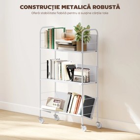 HOMCOM Cărucior Modern pentru Cărți cu 3 Nivele și Roți Pivotante pentru Cărți și Reviste, 69x26x108 cm, Alb | Aosom Romania
