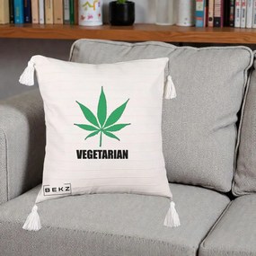 Perna Decorativa Vegetarian cu Frunza, 40x40 cm, Bej cu Franjuri, Husa Detasabila, Perna Inclusa, BEKZ®