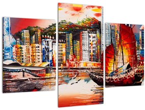 Tablou - Victoria Harbour, Hong Kong, pictură în ulei (90x60 cm)