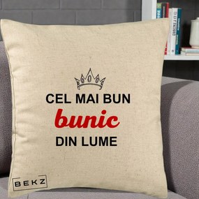 Cadou pentru Bunic - Perna Personalizata Cel Mai Bun Bunic Din Lume Coroana Rosu, 40x40 cm, Bej, Husa Detasabila, Perna Inclusa, BEKZ®