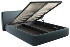 Pat matrimonial albastru tapițat cu spațiu de depozitare cu somieră 160x200 cm Kiana – Makamii