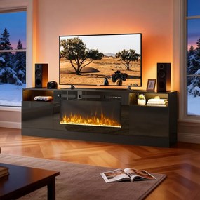 Comodă TV cu șemineu electric LED integrat – 178×35×59 cm, 12 culori flacără, Încălzire 750/1500 W, Telecomandă, Negru