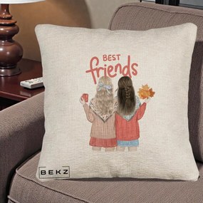Cadou pentru Prieteni - Perna Personalizata Best Friends Toamna, 40x40 cm, Bej Canapea, Husa Detasabila, Perna Inclusa, BEKZ®