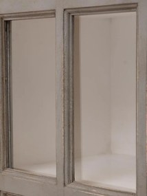 Vitrină clasică din lemn masiv de mango cu 4 uși vitrate și rafturi, finisaj gri antichizat, 135×42×204 cm, „Cheverny"