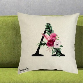 Cadou Personalizat - Perna Personalizata Monograma Florala Litera A, 40x40 cm, Ecru, Husa Detasabila, Perna Inclusa, BEKZ®