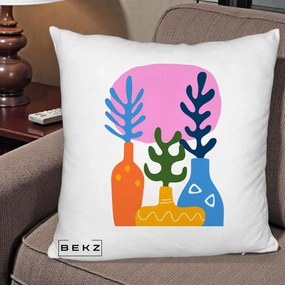 Perna Decorativa Vaze Botanice Abstract, 40x40 cm, Alb Pufos, Husa Detasabila, Perna Inclusa, BEKZ®