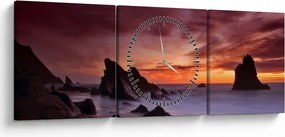 Tablou cu apus de soare pe mal (cu ceas) (90x30 cm)