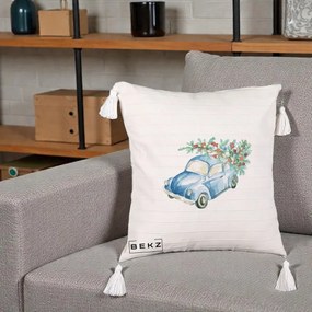 Perna Decorativa Masinuta Albastra cu Brad de Craciun, 40x40 cm, Bej cu Franjuri, Husa Detasabila, Perna Inclusa, BEKZ®