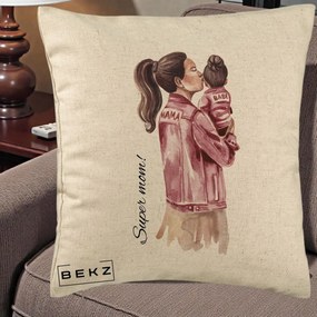 Cadou pentru Mama - Perna Personalizata Super Mom Jachete Roz, 40x40 cm, Bej, Husa Detasabila, Perna Inclusa, BEKZ®