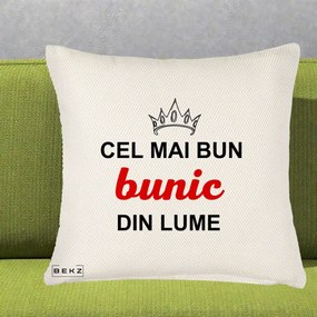 Cadou pentru Bunic - Perna Personalizata Cel Mai Bun Bunic Din Lume Coroana Rosu, 40x40 cm, Crem Reliefat, Husa Detasabila, Perna Inclusa, BEKZ®