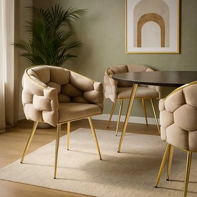 Scaun living bej din catifea cu picioare aurii lucioase BUC 251