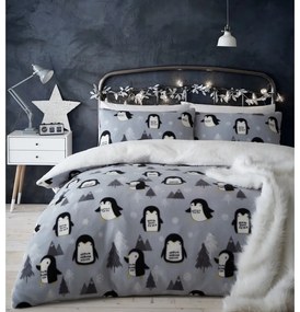 Lenjerie de pat din fleece gri 200x200 cm Cosy Penguin - Catherine Lansfield