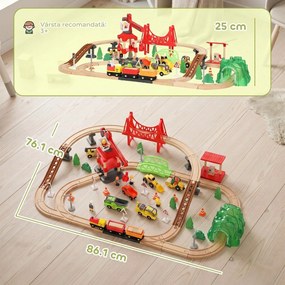 AIYAPLAY Trenuleț din lemn pentru copii 3+ ani, 91 piese, cu macara, șine, vehicule și figurine, multicolor | Aosom Romania