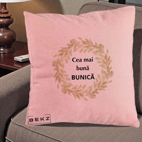 Cadou pentru Bunica - Perna Personalizata Cea Mai Buna Bunica Coronita Frunze Acuarela, 40x40 cm, Roz, Husa Detasabila, Perna Inclusa, BEKZ®