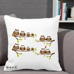 Perna Decorativa Familie de Bufnite pe Ramuri, 40x40 cm, Alba Mata, Husa Detasabila, Perna Inclusa, BEKZ®