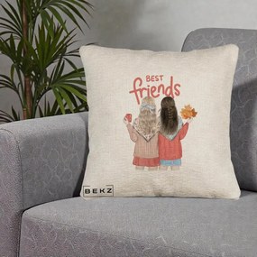 Cadou pentru Prieteni - Perna Personalizata Best Friends Toamna, 40x40 cm, Bej Canapea, Husa Detasabila, Perna Inclusa, BEKZ®