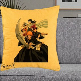 Perna Personalizata Bleach Grup Complet Ichigo si Prietenii, 40x40 cm, Galben, Husa Detasabila, Perna Inclusa, BEKZ®